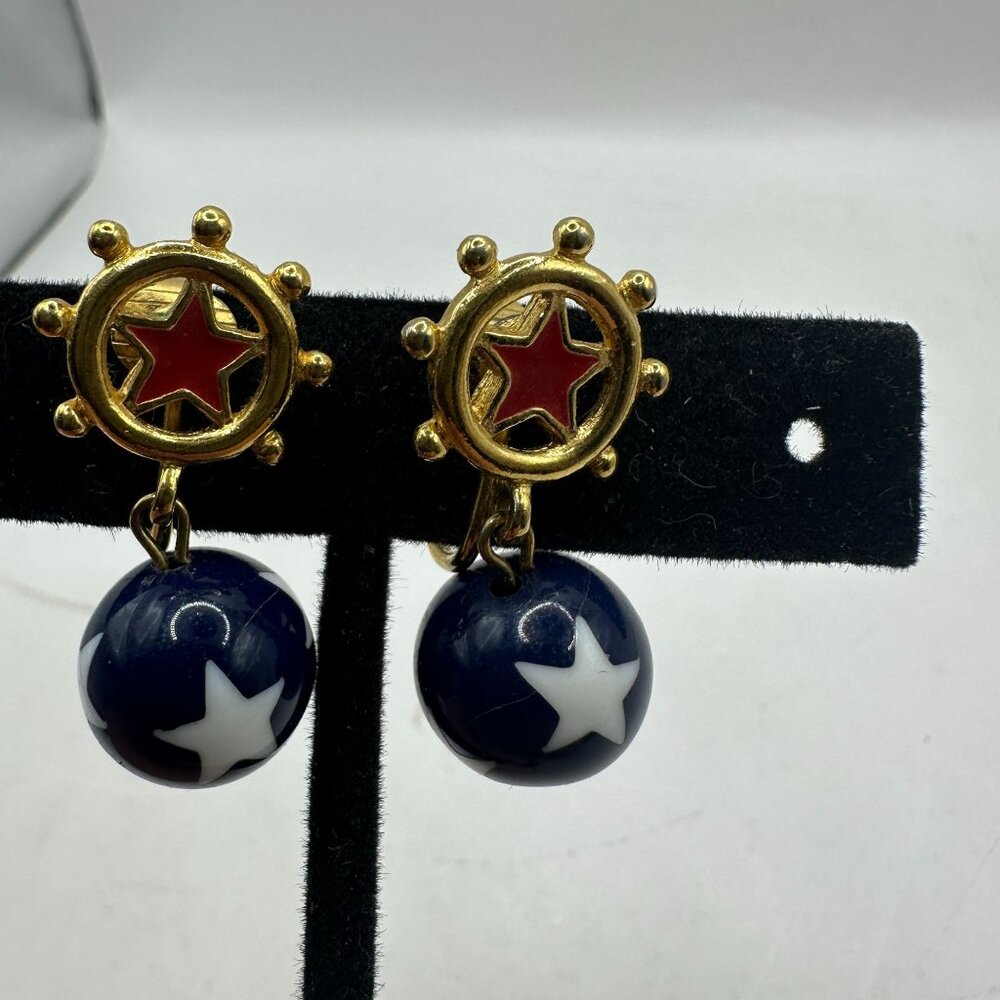 Vintage Nautical Star Clip-On Earrings Gold-Tone Helm Design Navy & White Red
